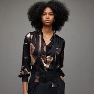 All Saints Top Button Down Toni Iris Shirt Coffee Brown Print Neutral Business